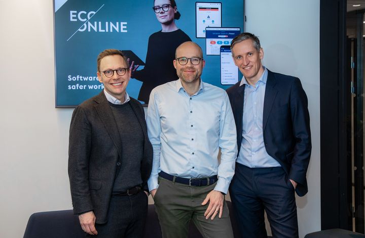 Fra venstre til høyre: 
Jostein Vik, Partner, Viking Venture; Göran Lindö, adm. dir., EcoOnline; Christian Melby, Partner i Summa Equity og styremedlem i EcoOnline. Foto: Thomas Brun, NTB kommunikasjon