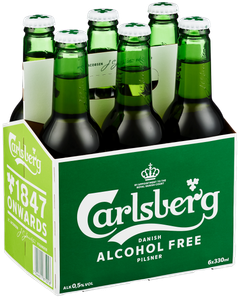 Slik skal en sixpack Carlsberg Alcohol Free se ut. Godt merket og med hvit kork.