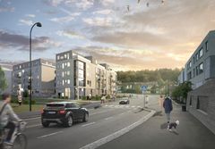 Høyoppløst bilde av prosjektskisse til Teieparken. NB: Dette er ikke prosjektets endelige utforming.