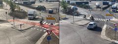 Syklistene langs E18 på Frognerstranda har forkjørsrett ved rundkjøringa ved Color Lines brygge på Filipstad (bilde t.v.). Det viser seg å være en farlig løsning. Fra 21. juni blir syklistenes forkjørsrett opphevet, bl.a. markert ved at rødmalingen i sykkelbanen blir fjernet (manipulert bilde t.h.). Foto: Statens vegvesen