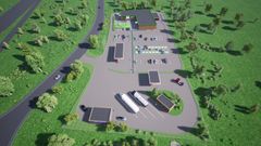 Nye Veier har signert kontrakt med Certas Energy Norway AS og Food Folk Norge AS for å drifte veiserviceanlegg med stor ladekapasitet i Mandalskrysset på E39 i Lindesnes, Agder. Illustrasjonen viser hvordan veiserviceanlegget kan bli seende ut.
