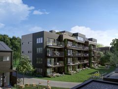 "Bo på Billingstad". Dette bygget heter Skogfreden. Illustrasjon: Arcasa arkitekter.