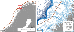 Det første i bildet i dette kartet viser 12-milsgrensa nord for 62. breddegrad. Det andre bildet viser hvordan viktige gyte- og fiskeområder, sånn som Malangsgrunnen og Svensgrunnen, befinner seg både innenfor og utenfor 12-milsgrensen. Illustrasjon: UiT – Norges arktiske universitet