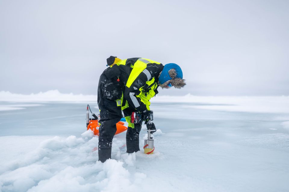 Innsamling av iskjerneprøve på Nordpolen. Foto: Vegard Stüerzinger, Norsk Polarintitutt