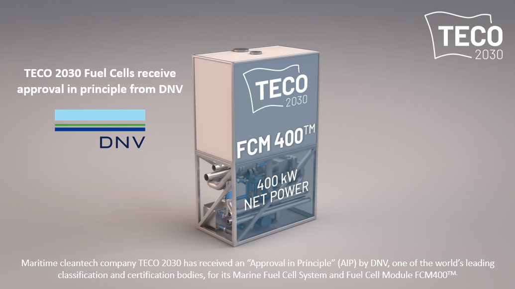 TECO 2030 har blitt tildelt en «Approval in Principle» (AiP) av klasseselskapet DNV for sitt hydrogenbaserte brenselcellesystem og tre versjoner av brenselcellemodulen FCM400.