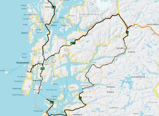 Markert med grått til venstre er kontraktsområdet i kommunane Fitjar, Stord, Bømlo, Sveio, Karmøy, Haugesund, Tysvær, Bokn, Vindafjord, Etne. Til høgre Sauda, Suldal og Ullensvang. Nederst er kommunane Hjelmeland, Strand, Randaberg og Stavanger.