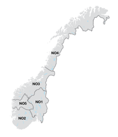 Prisområdene NO1, NO2 og NO5 omtales som det «sørlige Norge»
Prisområdene NO3 og NO4 omtales som det «nordlige Norge»
illustrasjon: Statnett.