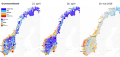 Kartene for 21., 28. april og 10. mai viser aktuell og prognosert grunnvannstand i forhold til gjennomsnittlig grunnvannstand for samme dato i perioden 1981-2010. Fargene i bakgrunnen er basert på beregninger med en hydrologisk modell.
Sirklene på kartene for 21. og 28. april representerer målinger fra NVEs stasjonsnett for grunnvannstand sammenlignet med normalt.
Klasseinndelinger er: Svært høy grunnvannstand (over 95-persentil); Høy (mellom 75- og 95- persentil); Normal (mellom 25- og 75-persentil); Lav (mellom 5- og 25-persentil); Svært lav (under 5-persentil) betyr at det gjennomsnittlig er 20 år eller mer mellom hver gang grunnvannstanden på denne tiden av året er like lav.
Kilde: Senorge.no (Norges vassdrags- og energidirektorat og Meteorologisk institutt)