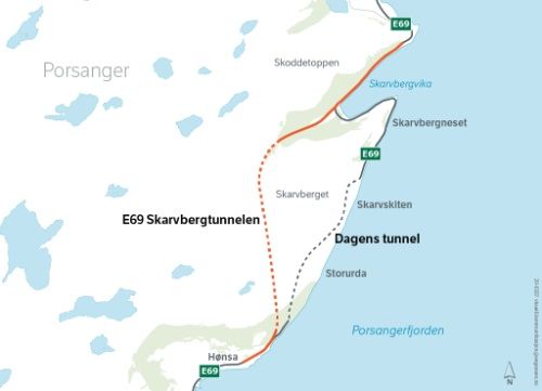 Den nye E69 Skarvbergtunnelen er 3550 meter lang inklusiv portaler.