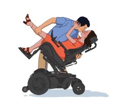 Seksualitet for alle. Illustrasjon: Adele Hasle Küle-Hansen.
Synstolking: Kjærlighet, en kvinne i rød kjole sitter i en el-rullestol,
som er lent bakover. Mannen i blå skjorte bøyer seg frem, mens han løfter
det ene benet hennes opp.