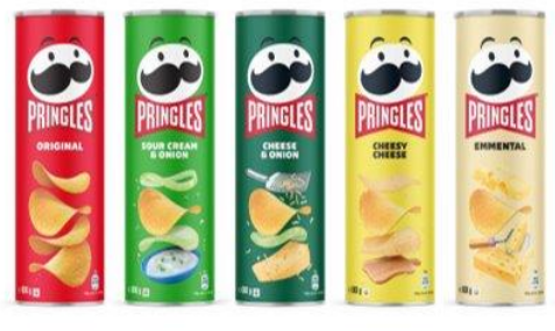 Et utvalg av de nye Pringles-boksene