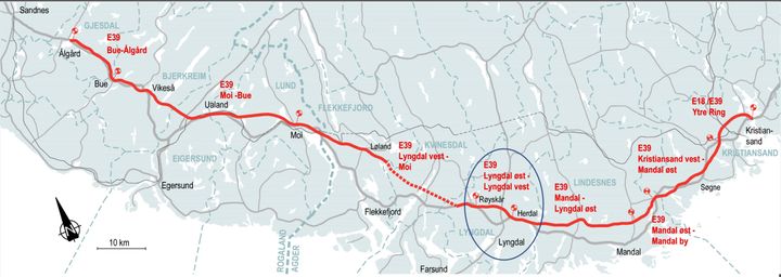 Kontrakten E39 Lyngdal øst - Lyngdal inngår i Nye Veiers oppdrag med helhetlig utbygging av ny, trafikksikker E39 mellom Kristiansand og Ålgård.
