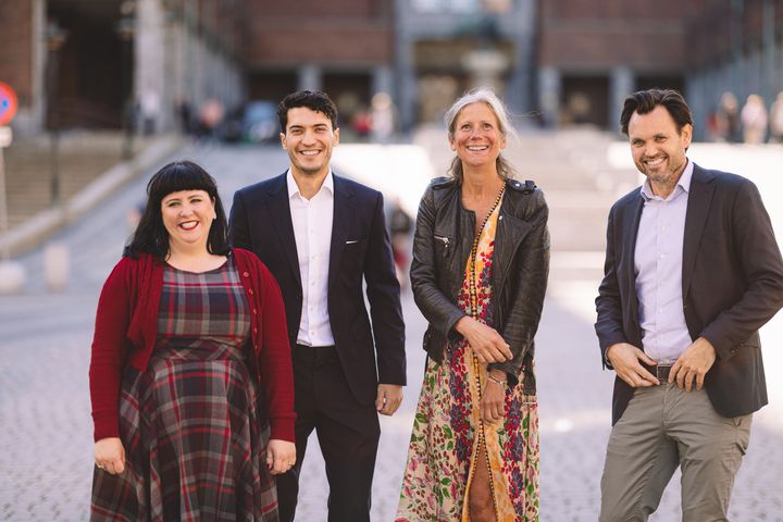 Fra venstre: Victoria Marie Evensen, byråd for næring og eierskap.
Albian Imeri, banksjef DNB.
Anne Helene Mortensen, styreleder i Oslobolig.
Anders Gregersen, administrerende direktør i Neptune Properties.
Foto: Anton Soggiu