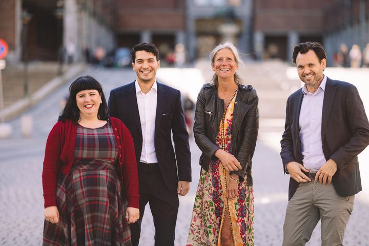 Fra venstre: Victoria Marie Evensen, byråd for næring og eierskap. 
Albian Imeri, banksjef DNB. 
Anne Helene Mortensen, styreleder i Oslobolig. 
Anders Gregersen, administrerende direktør i Neptune Properties.
Foto: Anton Soggiu