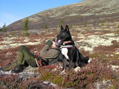 Elgjeger med sin jaktkamerat på utkikkspost  Foto: Hilde Nystuen