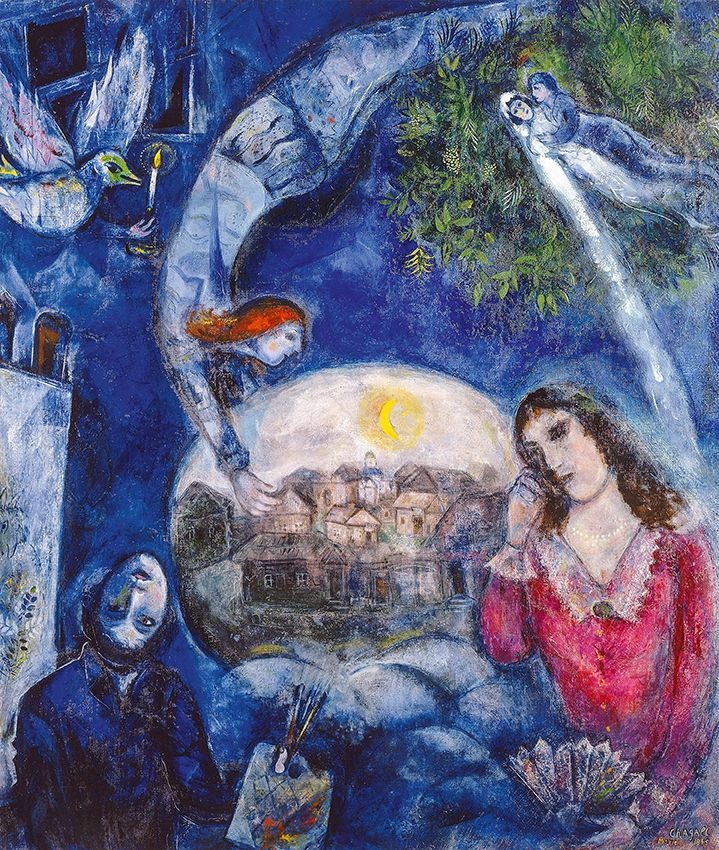 Marc Chagall, Rundt henne, 1945, Centre Pompidou, Paris, Musée national d’art moderne / Centre de création industrielle, gave fra kunstneren, 1953, © BONO / Chagall ®. Foto: CNAC-MNAM / Philippe Migeat