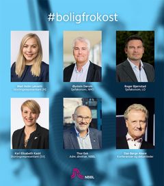 Mari Holm Lønseth (H), Øystein Dørum (NHO), Roger Bjørnstad (LO) Kari Elisabeth Kaski (SV) og Thor Eek (NBBL) deltar på boligfrokost, ledet av Dan Børge Akerø.