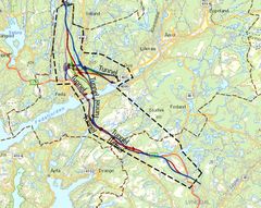 Det er vurdert en rekke linjer og løsninger i finsilingsfasen. Blant annet ni ulike kombinasjoner av linjer. Illustrasjon: Nye Veier.