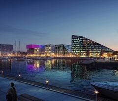 Powerhouse Brattørkaia er planlagt ferdigstilt i starten av 2019. Dette blir Norges største nybygde plusshus, som gjennom driftsfasen vil generere mer energi enn det som er brukt til produksjon av byggematerialer, oppføring, drift og avhending av bygget. Ill.: Snøhetta/MIR
