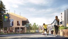 Nabolag_Sollihøgda plussby: Fremtidsvisjon fra ett av Sollihøgda plussbys 12 energiproduserende nabolag. Skiltet bak viser blant annet lokal energiforbruk opp mot lokal energiproduksjon