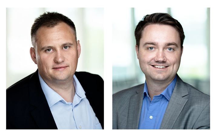Magnus Solstad, analysesjef i Kredinor (til venstre) og Audun Danielsen, kommersiell direktør i Kredinor, (til høyre) er mer bekymret for at de høye strømprisene vil slå ut i flere inkassosaker enn høyere rente. Spesielt blant den gruppen som har størst betalingsutfordringer.