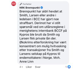 Screenshot av NRK Brennpunkt svar på Facebook
