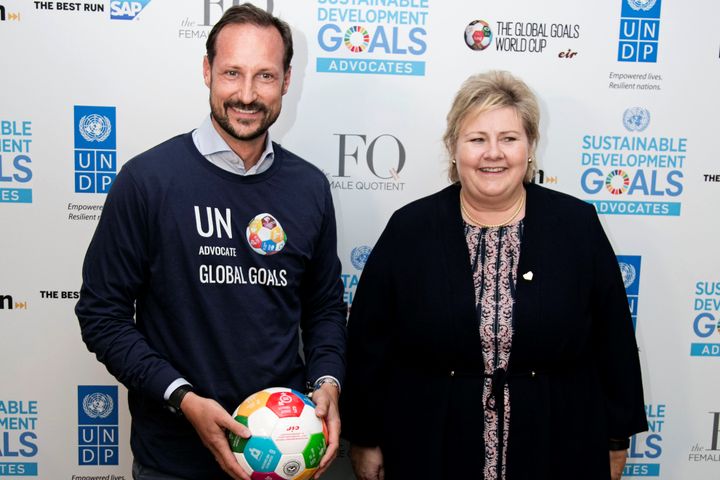H.K.H Kronprins Haakon og statsminister Erna Solberg under et FN-arrangement i New York i 2018. Foto: Pontus Höök / NTB
