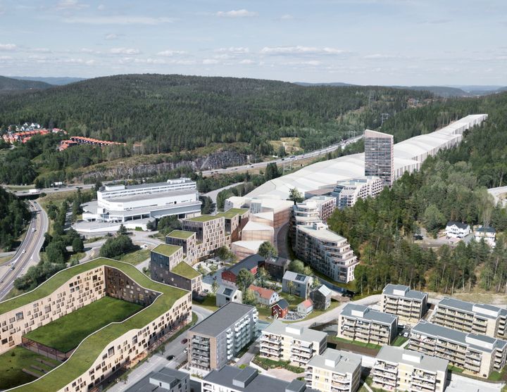 Illustrasjon av den nye bydelen Snøporten på Lørenskog. Det nye Thon-hotellet skal bygges inntil innendørsarenaen SNØ. (Illustrasjon:  (C) Reiulf Ramstad Arkitekter)