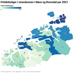 Antall fritidsboliger i strandsonen i Møre og Romsdal (SSB/Byggstart 2021).