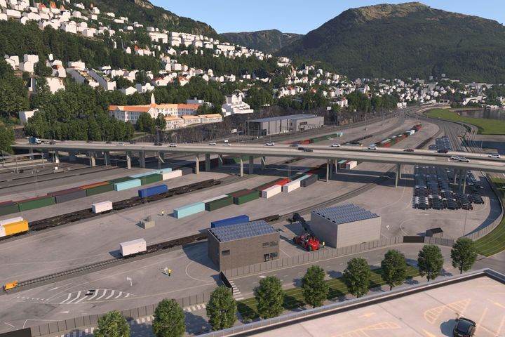 Nygårdstangen godsterminal i Bergen skal bygges om for å bli mer effektiv. Illustrasjon: Bane NOR/COWI AS