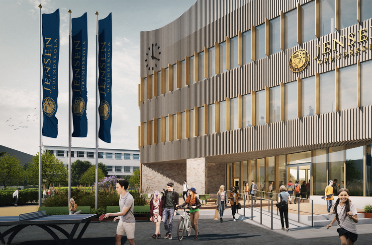 AF Gruppens datterselskap HMB Construction har fått i oppdrag å bygge en ny ungdomsskole og videregående skole i Västerås. Ill. Archus