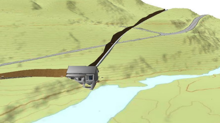 Illustrasjon av kraftverksbygget til Hinøgla kraftverk i Nord-Fron kommune.