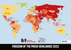 RSF betegner situasjonen for pressefriheten som vanskelig, problematisk eller kritisk i hele 132 land. Det er bare i åtte land de betegner den som god. Kilde: Reportere uten grenser (RSF).