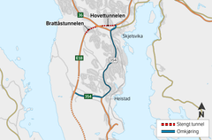 Om nettene blir det omkjøring på fv. 351 mellom Skjelsvik og Heistad. (Illustrasjon: Statens vegvesen).