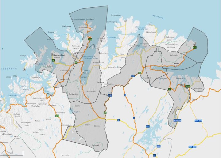 Hvem skal drifte elektroinstallasjonene på riksveiene i Finnmark de neste fem årene? Kartet viser kontraktsområdet. Illustrasjon: Statens vegvesen.