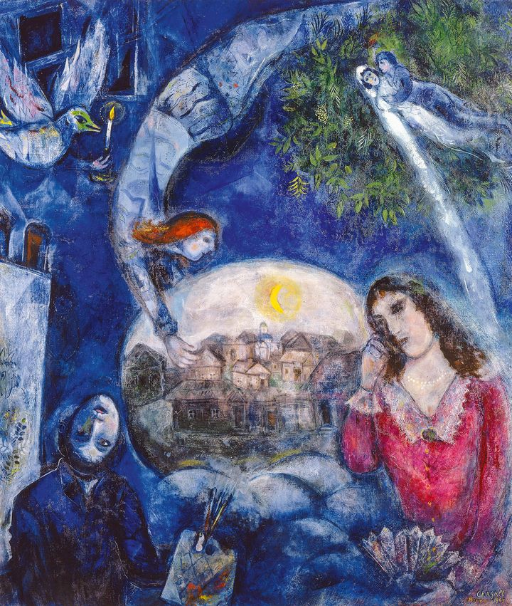 Marc Chagall, Around Her, 1945, Centre Pompidou, Paris, Musée national d’art moderne/Centre de création industrielle, Gift of the artist, 1953, Photo: CNAC-MNAM/Philippe Migeat 

© BONO / Chagall ®