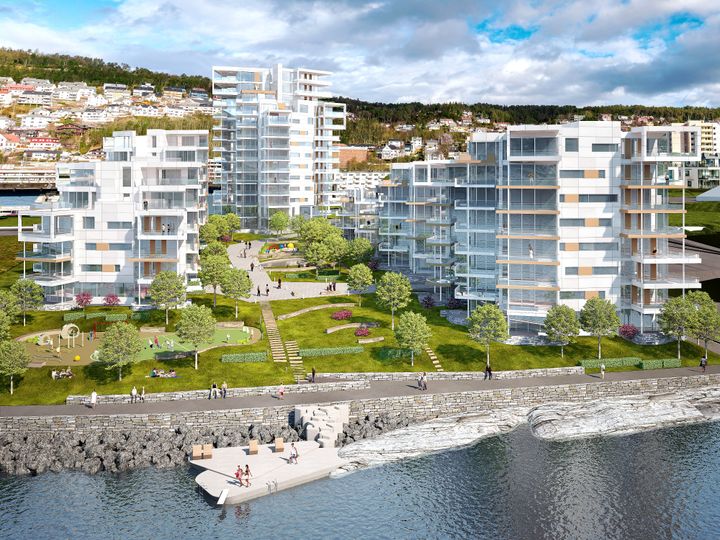 Når tredje og siste byggetrinn av Fri Sikt står innflyttingsklart i 2023, har det vokst frem en helt ny bydel med 158 leiligheter på Volsdalsberga, like ved Color Line Stadion i Ålesund. Siste byggetrinn består av en høyblokk på 14 etasjer. Illustrasjon: Niels Torp Arkitekter