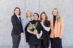 Alia Farid (in the middle) with (from left to right) Caroline Ugelstad, Director of Collection and Exhibition and Chief Curator at Henie Onstad; Tone Hansen, former Director of Henie Onstad and Founder of LWAAP, newly appointed Director of MUNCH; Paulina Rider Wilhelmsen, Founder 
of LWAAP and Wilstar Social Impact; and Anne Hilde Neset, Director of Henie Onstad. Photo: Johanne Nyborg / Henie Onstad Kunstsenter.