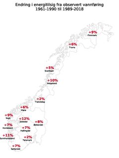 Norgeskart - endring i energitilsig for observert vannføring