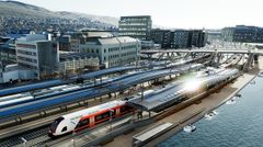 Kontraktene omfatter ombygging av Drammen stasjon, her illustrert med solceller på plattformtak. Dette gjør den også til landets første stasjon som henter all strøm fra solceller. Ill: Norconsult/Baezini