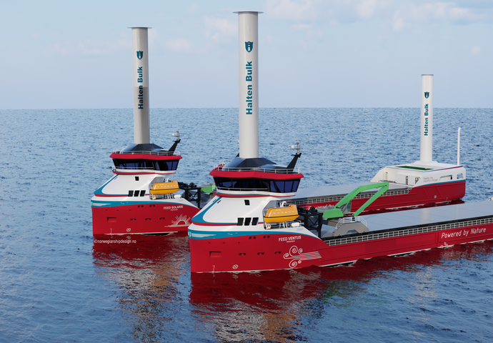 Selskapet Halten Bulk AS får 142 millioner kroner i støtte av Enova til bygging av to hydrogenskip. Ill: Halten Bulk