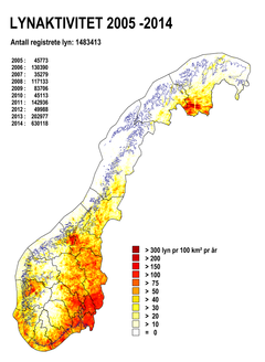 Kartet viser lyn per 100 kvadratkilometer fra 2005 til og med 2014. Merk for eksempel at det er høy lyntetthet på Finnmarksvidda. Kilde: SINTEF.