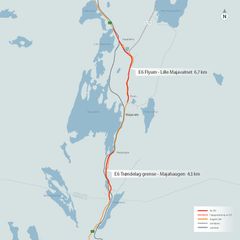 Kartillustrasjon over delstrekningen E6 Trøndelag grense–Lille Majavatn, som er en del av E6 Helgeland. Illustrasjon: Statens vegvesen