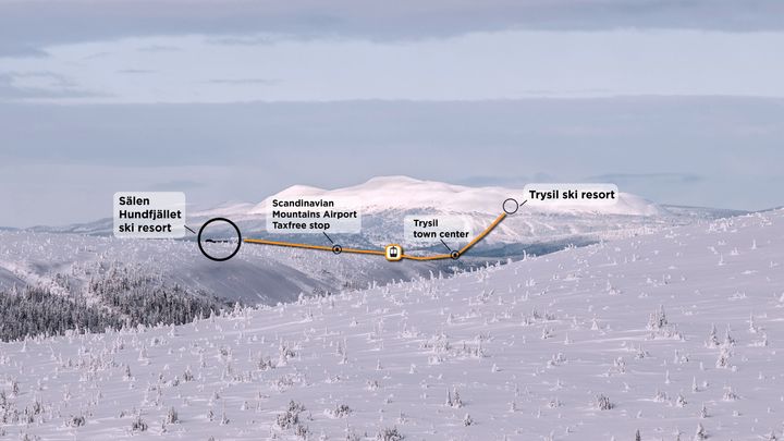 Slik vil den nye gondolen mellom Trysil og Sälen i Sverige gå. Gondolen får mellomstasjon på den nye flyplassen, Scandinavian Mountains Airport, som åpner i desember 2019.