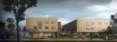 fasade mot park og bibliotek. bilde: HUS arkitekter