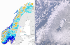 Snøkartene og satellittbildene i SeNorge gir god informasjon om snøforholdene. Disse bildene er fra 29, mars 2023 og er hentet fra SeNorge.no/Sentinell 3 OLCI