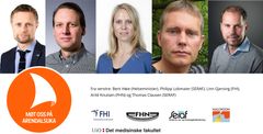 Fra venstre: Helseminister Bent Høie, Philipp Lobmaier (SERAF), Linn Gjersing (FHI), Arild Knutsen (FHN) og Thomas Clausen (SERAF).