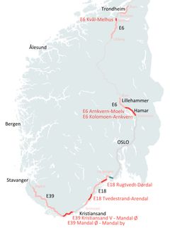 Følgende strekninger vil inngå i kontrakten (ref. mørkerød markering):
