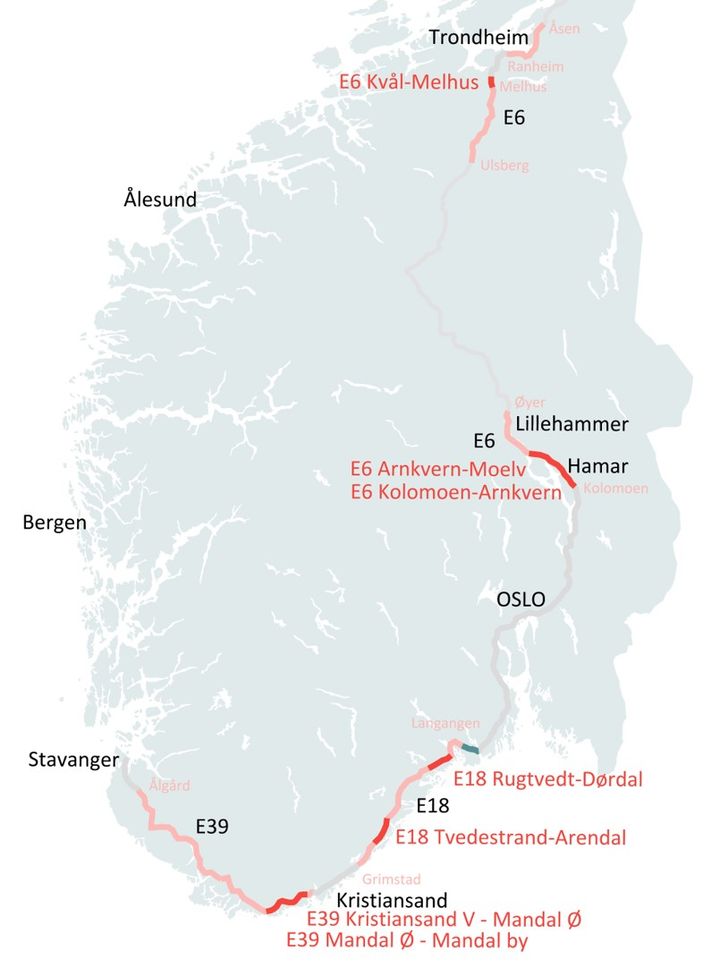 Følgende strekninger vil inngå i kontrakten (ref. mørkerød markering):