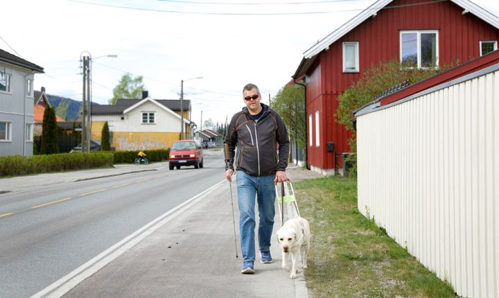 UT PÅ TUR: Førerhundbruker Runar Kvam opplever daglig situasjoner der hunder og mennesker kommer for tett på. Foto: Line Lyngstadaas